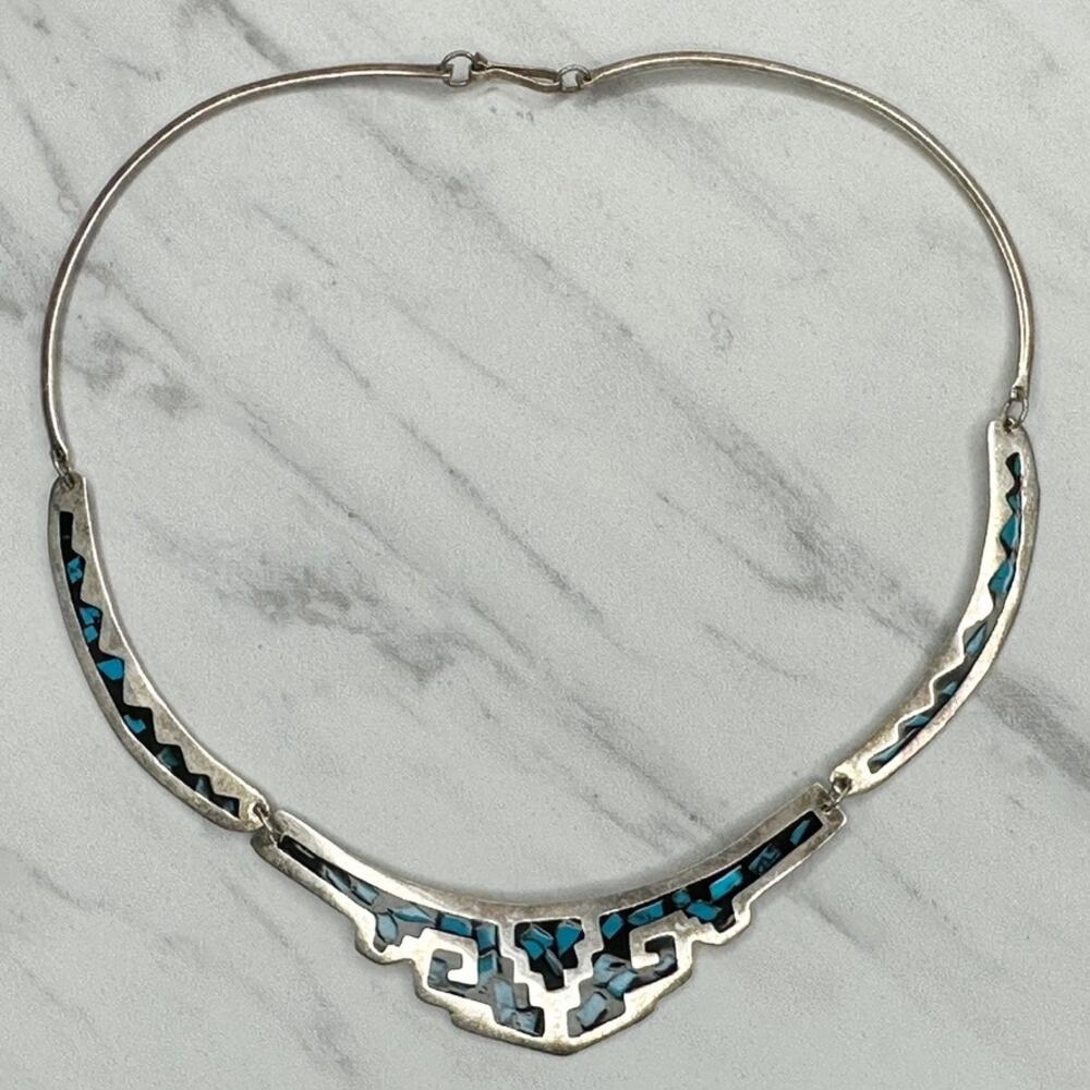Vintage Alpaca Mexico Silver Tone Faux Turquoise Geometric Collar Necklace ✨ - Picture 2 of 9